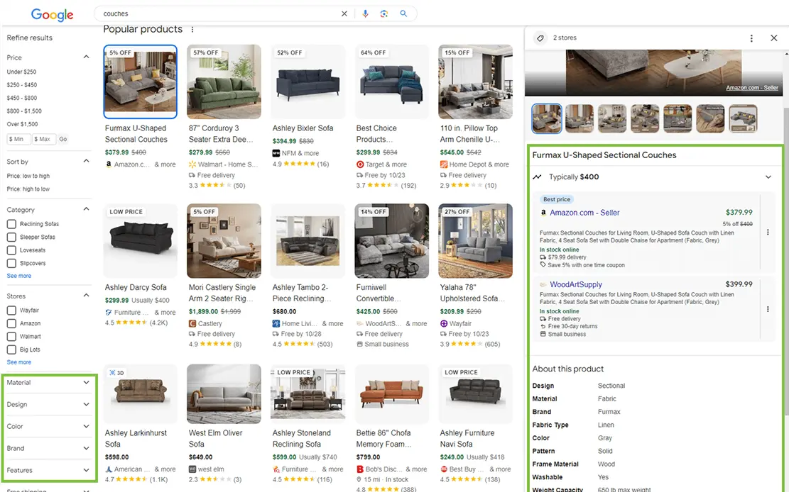 image of search results for couches indicating feed optimization